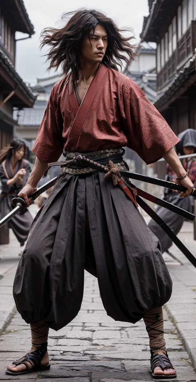 Create a stylized, realistic Japanese man character messy long hair inspired by traditional Japanese samurai, featuring intricate details such as a textured red kimono, a black woven belt, and classic samurai sandals. The character strikes a dynamic pose with a katana drawn, expressing readiness and skill. The background is a traditional samurai village streets and there are several samurai soldiers ready to attack, emphasizing the character in the foreground.
