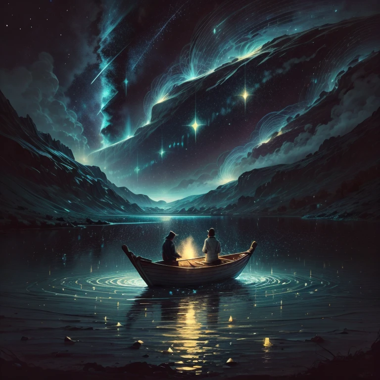 starry night painting of two people in a boat on a lake, james r. eads, van gogh art style, in the starry night, in style of van gogh, style of van gogh, van gogh style, starry night, by Van Gogh, style of van gogh starry night, van gogh painting, anton fadeev and dan mumford, floating among stars  