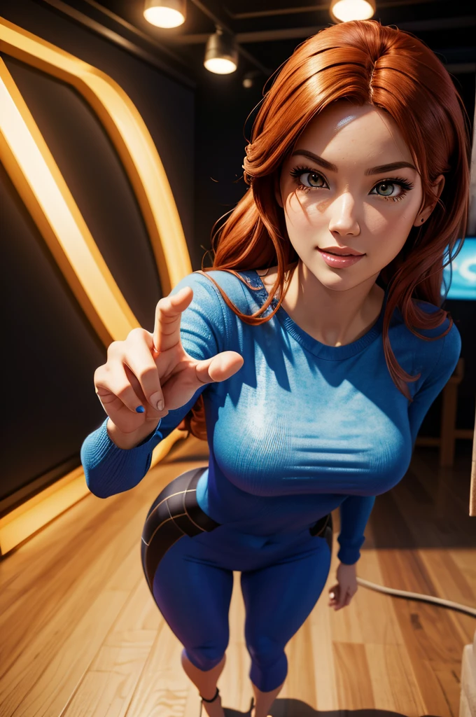 A beautiful woman, full body, looking at the camera, thumb raised in an OK sign, Pixar and manga art style, highly detailed, 8K, photorealistic, studio lighting, vivid colors, cinematic, sharp focus, physically-based rendering, professional quality, masterpiece, redhead, digitale style