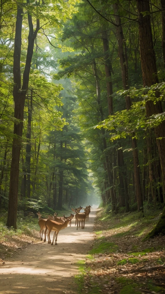 Forest bathing with deer and birds and paths