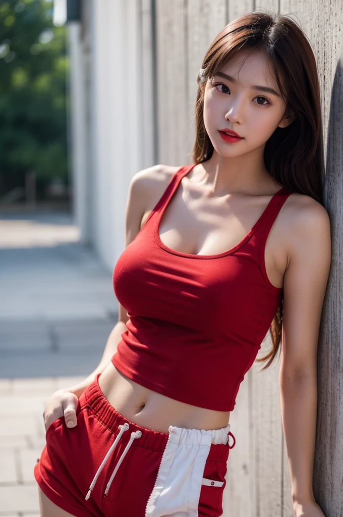 A very cute girl, solo, young, wearing red tank top and short pants, big breasts, white and smooth skin, standing, long hairs, red lip, at mountain, realistic face