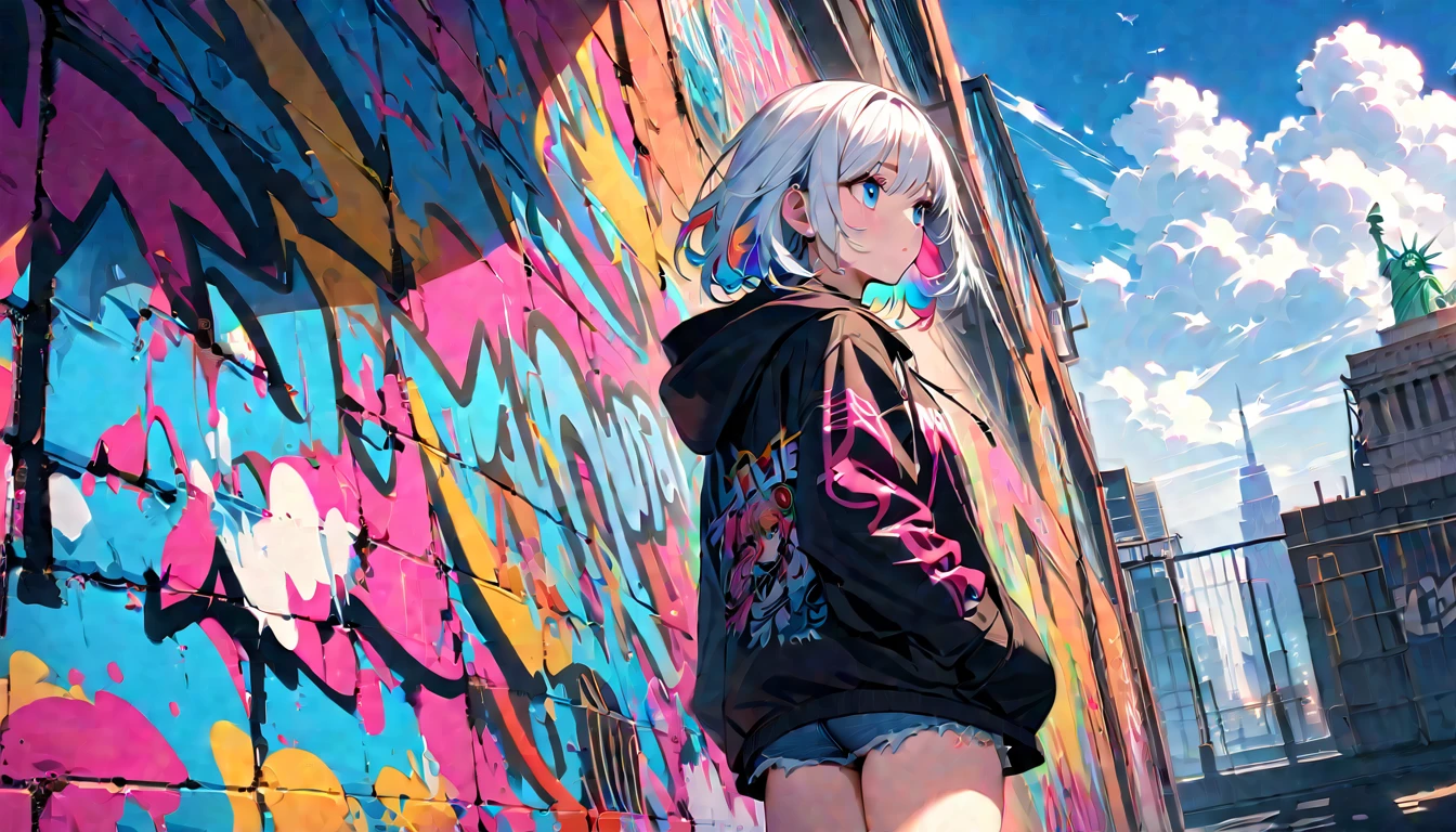 HD 8K Handsome cute, Solitary, 1 female, Medium Length Hair, white hair, Rainbow hair, blue Eyes, looking away, Rainbow headphone, hoodie, colored hoodie, black Trucker Hat, hip-hop style big hooded jacket, denim shorts, Human focus, HD 8K outdoor, White clouds, graffiti famous spray art The statue of Liberty,