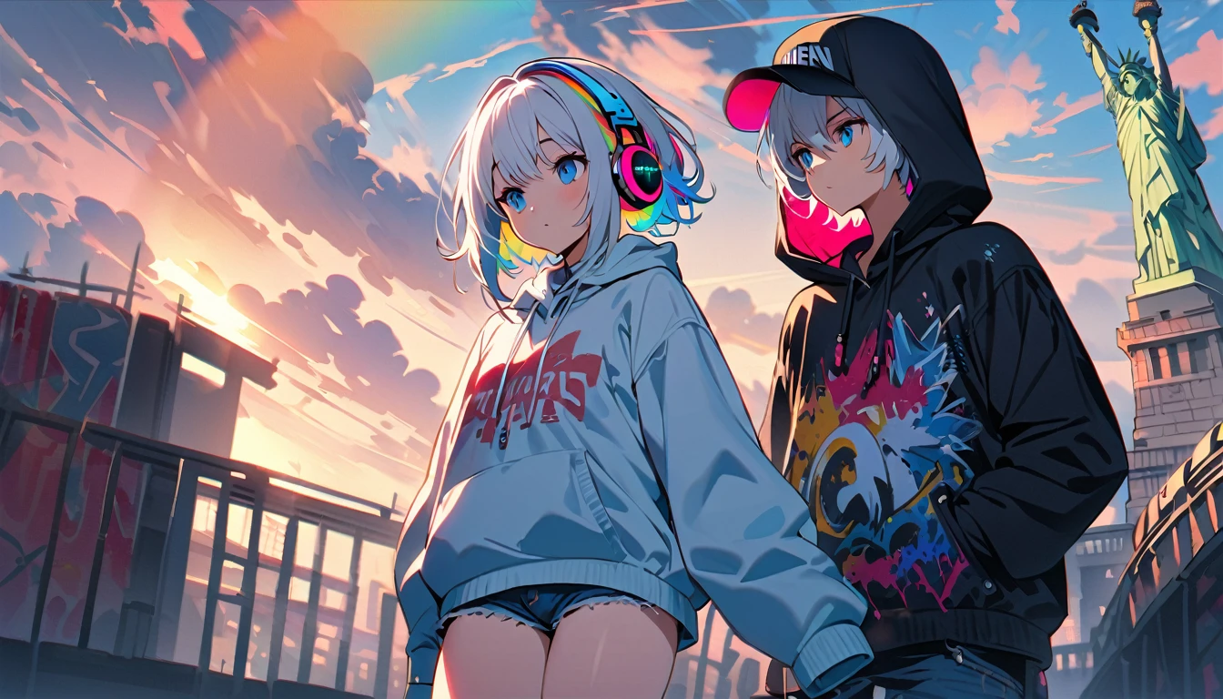 HD 8K Handsome cute, Solitary, 1 female, Medium Length Hair, white hair, Rainbow hair, blue Eyes, looking away, Rainbow headphone, hoodie, colored hoodie, black Trucker Hat, hip-hop style big hooded jacket, denim shorts, Human focus, HD 8K outdoor, White clouds, graffiti famous spray art The statue of Liberty,
