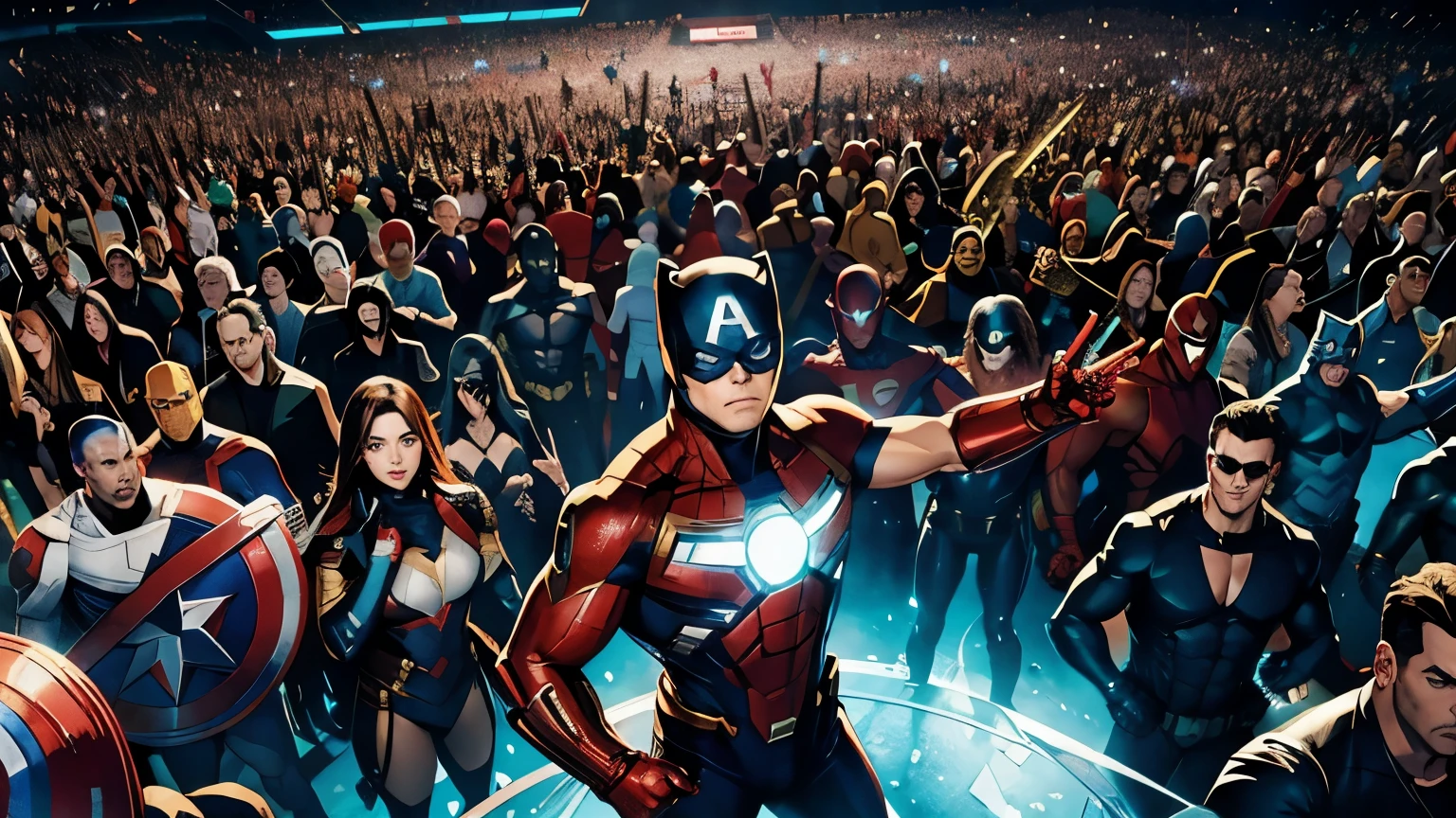 a lot of different people, crowd of super heroes, everyone is screaming, hands up, marvel style, Increased detail, 8K