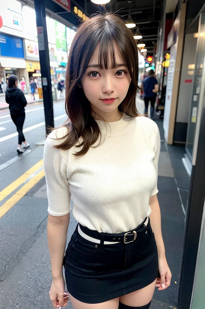 Ultra top quality, masterpiece, ultra high resolution, (photorealistic: 1.4), highly detailed CG Unity 8k wallpaper, detailed and complex, original, high resolution, raw photo, (perfect body shape), fine and complex, DSLR, soft lighting, high quality, film grain, depth of field, FUJIFILM XT3, 50mm lens, backlight, HDR, hyperreal, color grade, dynamic pose, portrait, Japan person, smile, lips, bangs, (crowded akihabara: 1.2), front view viewer, natural light, girl, 20 years old, full body, solo, student, high , sailor color, bobby socks, pleated skirt, daytime, on the street, deep shadow, cute, beauty, discreet, cold light 12000K\\ street, store status, Akihabara, Shinjuku, Shibuya, Ikebukuro, detailed realistic, detail, skin texture, ultra detailed, realistic skin texture, (dramatic, award-winning photos, incredible masterpieces: 1.3)