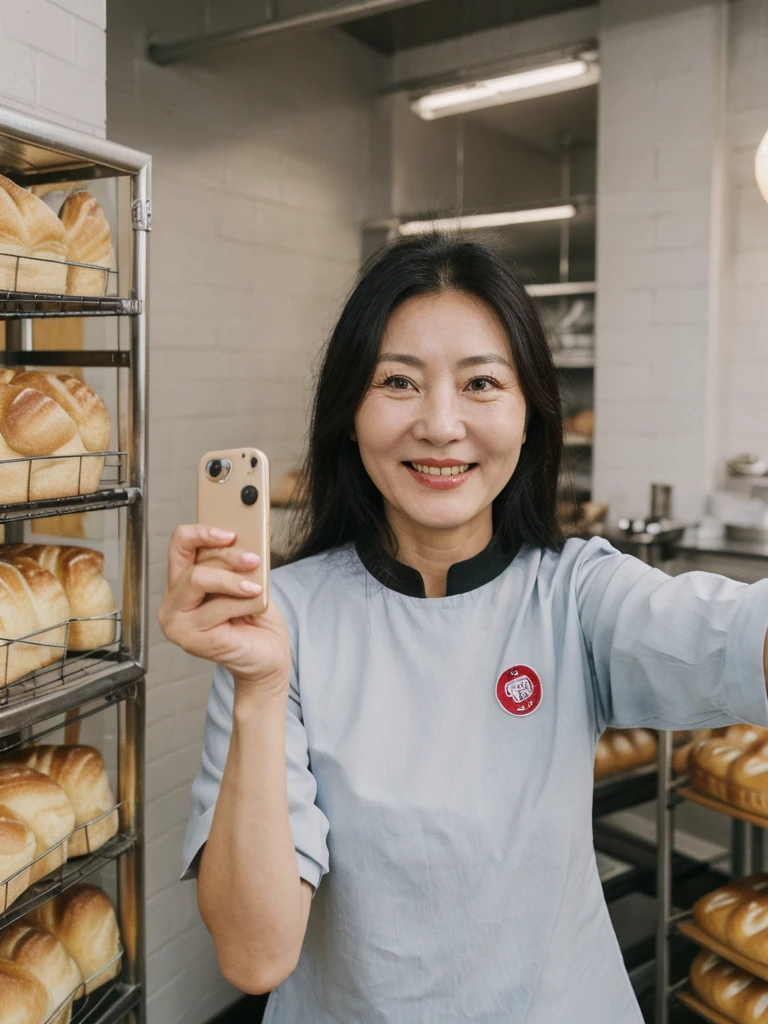 Tzu, black hair, Mongolian woman, ((50-year-old)), (Mongolian skin), (Mongolian eyes), (Mongolian nose), (Mongolian lips), (Mongolian standard face), ordinary Mongolian woman, smiling, hair bobbles, deep eyes, consistent image, ((upper body and upper legs)), wearing a shirt, (((selfie))), (((inside bakery indoor)))