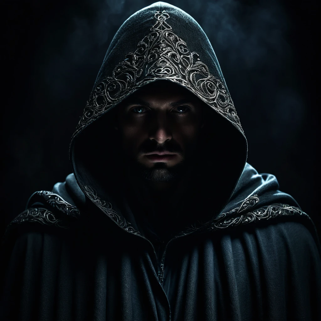 a mysterious hooded man, mysterious hooded figure, dark cloak, dramatic lighting, cinematic lighting, moody atmosphere, dramatic shadows, dark fantasy, intricate details, realistic, photorealistic, 8k, high quality, masterpiece, cinematic, chiaroscuro, dramatic pose, mysterious glowing eyes, intricate folds in cloak, realistic fabric textures, detailed facial features, strong contrast, dramatic color palette, muted tones, moody lighting