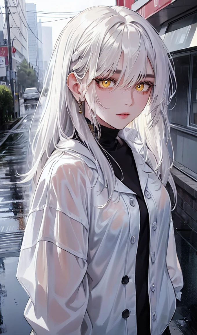 1girl, portrait, solo,lips, female focus, yellow eyes, looking at viewer, white hair, long hair, closed mouth, smile, casual clothes, rainy day, wet clothes, street on the background