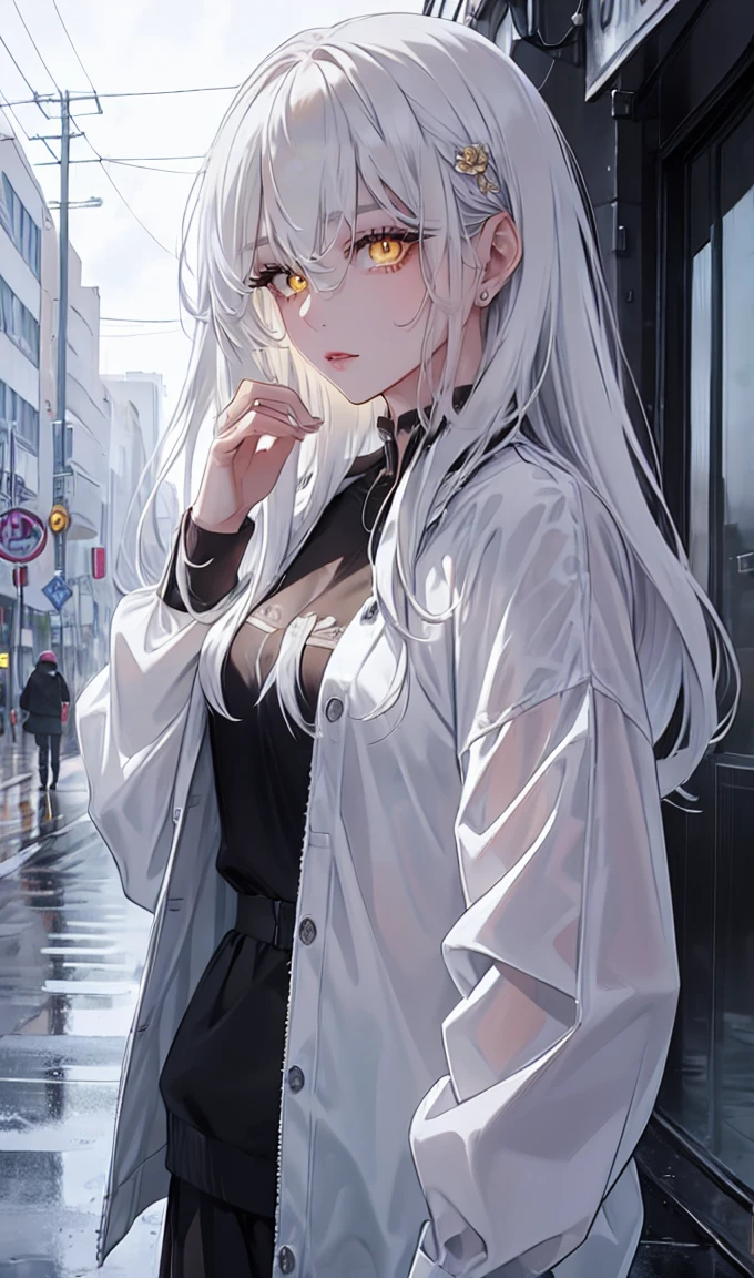 1girl, portrait, solo,lips, female focus, yellow eyes, looking at viewer, white hair, long hair, closed mouth, smile, casual clothes, rainy day, wet clothes, street on the background