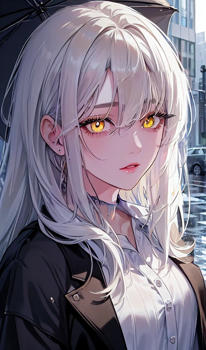 1girl, portrait, solo,lips, female focus, yellow eyes, looking at viewer, white hair, long hair, closed mouth, smile, casual clothes, rainy day, wet clothes, street on the background