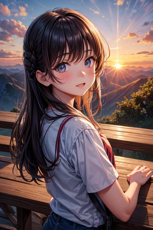 Portrait girl and boy , sunset mountains