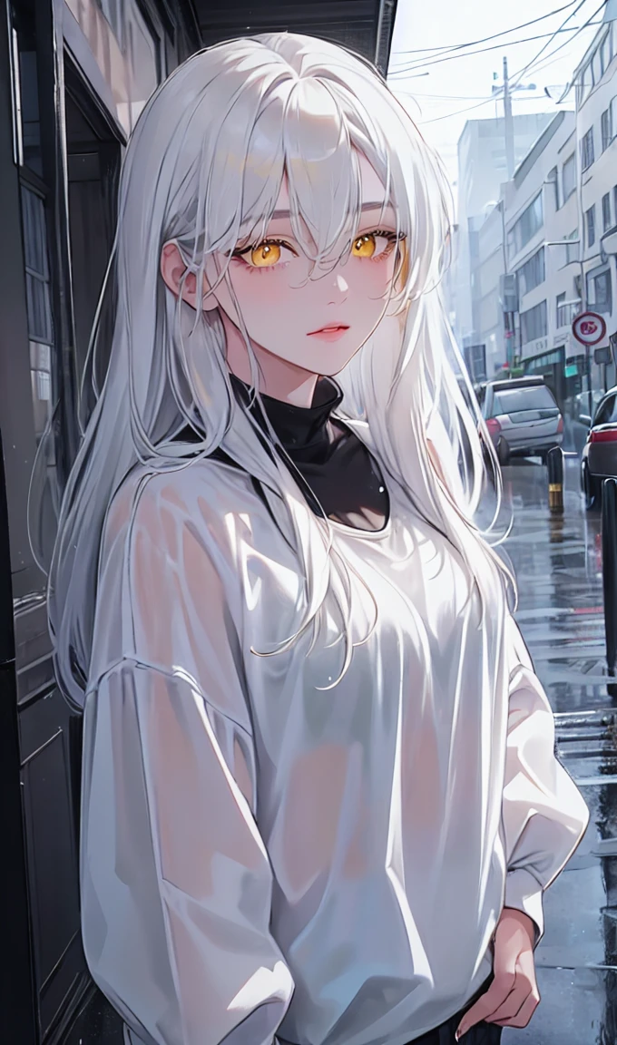 1girl, portrait, solo,lips, female focus, yellow eyes, looking at viewer, white hair, long hair, closed mouth, smile, casual clothes, rainy day, wet clothes, street on the background
