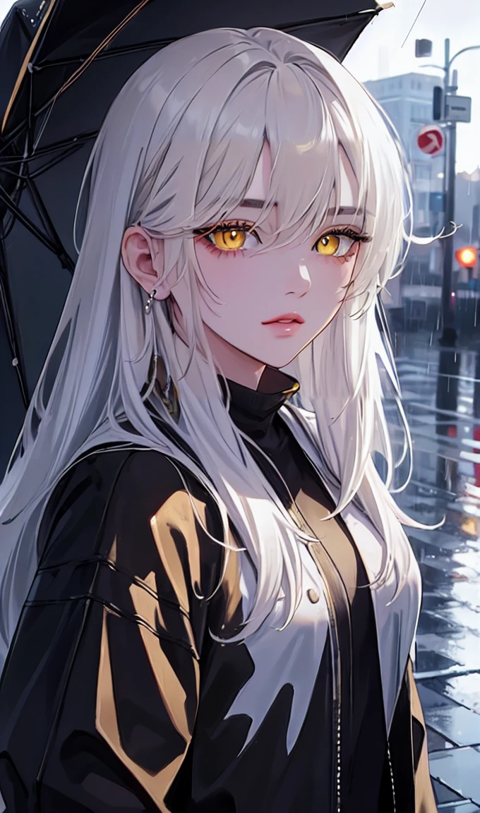 1girl, portrait, solo,lips, female focus, yellow eyes, looking at viewer, white hair, long hair, closed mouth, smile, casual clothes, rainy day, wet clothes, street on the background