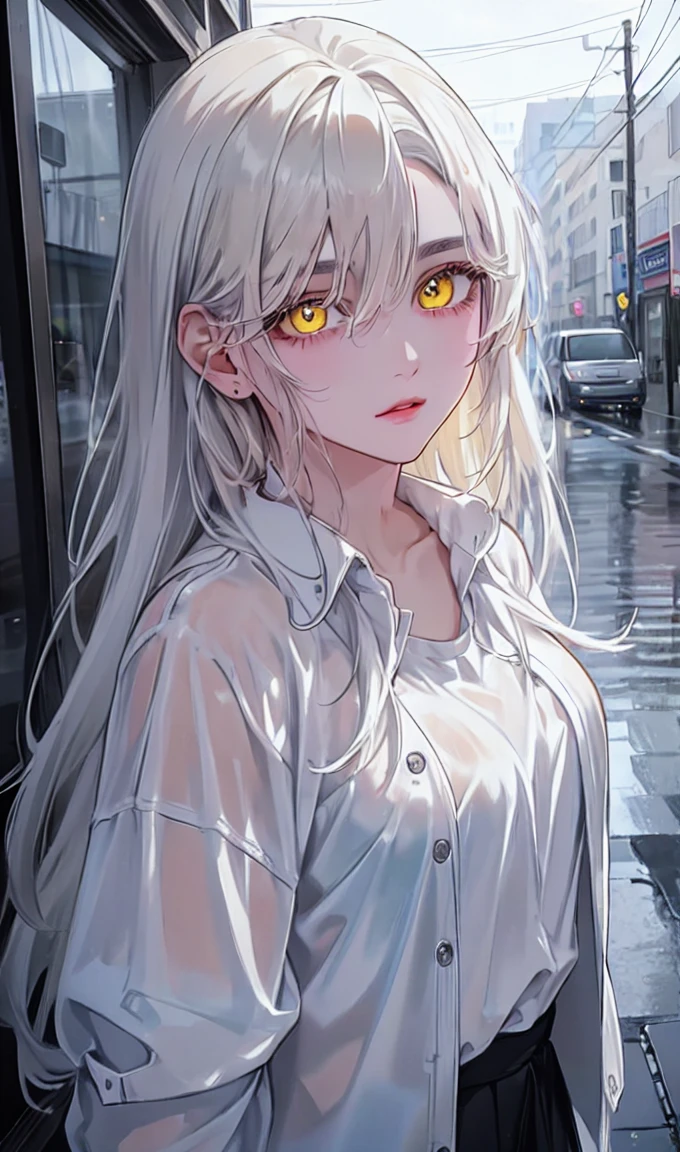 1girl, portrait, solo,lips, female focus, yellow eyes, looking at viewer, white hair, long hair, closed mouth, smile, casual clothes, rainy day, wet clothes, street on the background