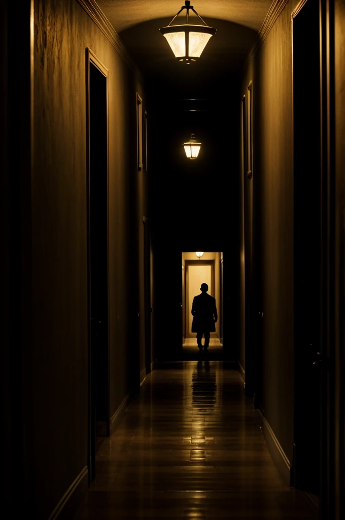 	A long, dimly lit hallway stretches before you. At the end, a shadowy figure stands motionless, its face obscured in darkness. The walls are lined with old, faded family portraits whose eyes seem to follow you.