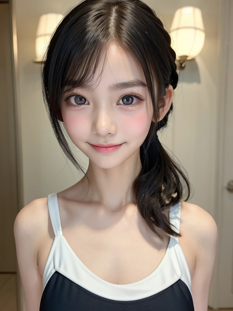 One Girl，Very cute girl ，Big eyes:0.5，The face is facing straight ahead，Body facing forward，Beautiful nose，Fuller lips，Short black hair，ponytail，Detailed eyelashes，Thin eyebrows，Symmetrical eyes，Face close-up，White swimsuit，Portrait，View Viewer, half smile:0.5,