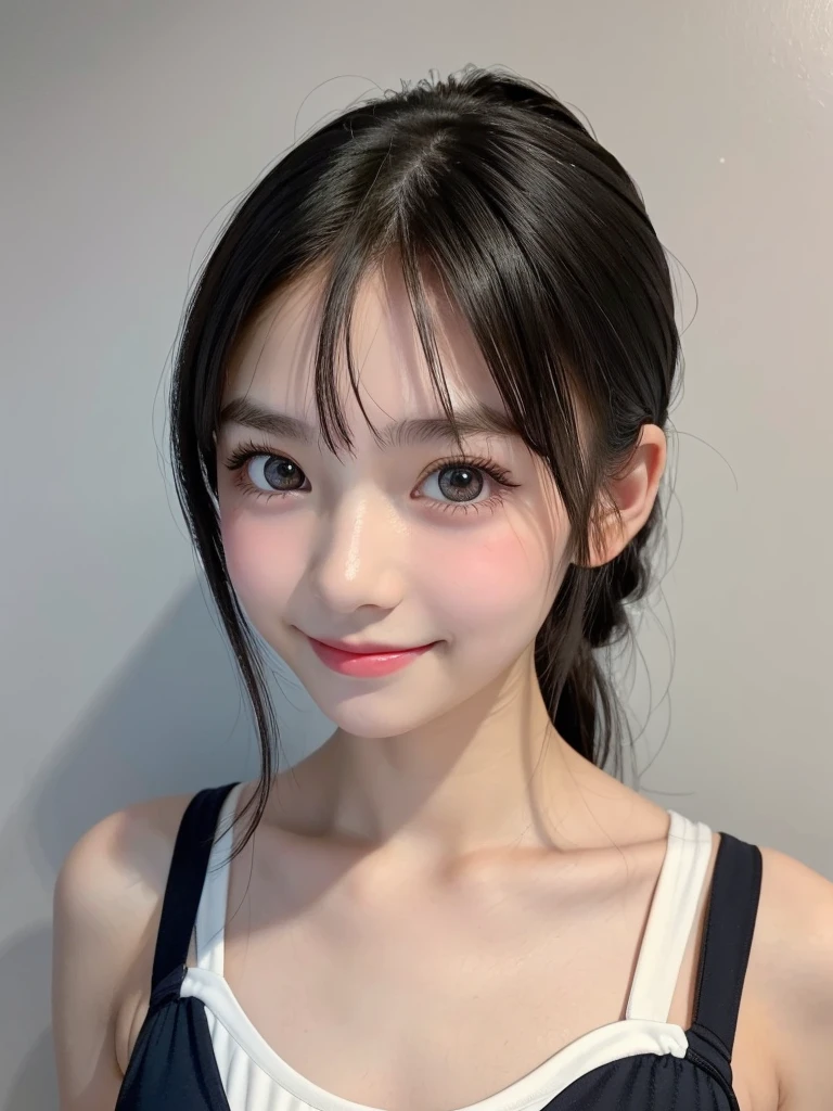 One Girl,Very cute girl at 16 years old,Big eyes:0.5,The face is facing straight ahead,Body facing forward,Beautiful nose,Fuller lips,Short black hair,ponytail,Detailed eyelashes,Thin eyebrows,Symmetrical eyes,Face close-up,White swimsuit,Portrait,View Viewer, half smile:0.5,