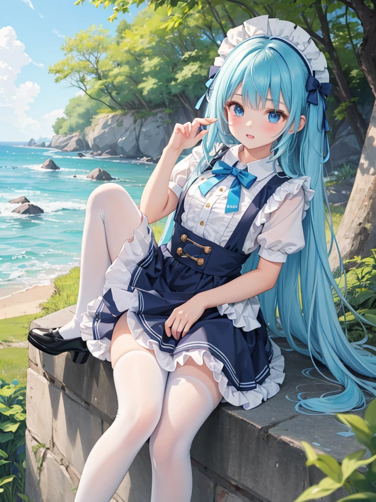 （tmasterpiece：2.0，best qualtiy），（Fine beautiful eyes：2.0），ph_rem，Remhd，1girll，Blue hair，solo，eBlue eyes，x hair accessories，legs ornaments，Bow knot，Long thick socks，lacepantyhose，Lolita heels，Lolita shoes，Rossvale Mansion maid uniform，full bodyesbian，Two hands，two legs，Photo art，maidennurse，Skysky，rays of sunshine，the trees，wave，