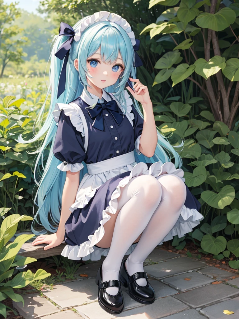 （tmasterpiece：2.0，best qualtiy），（Fine beautiful eyes：2.0），ph_rem，Remhd，1girll，Blue hair，solo，eBlue eyes，x hair accessories，legs ornaments，Bow knot，Long thick socks，lacepantyhose，****ta heels，****ta shoes，Rossvale Mansion maid uniform，full bodyesbian，Two hands，two legs，Photo art，maidennurse，Skysky，rays of sunshine，the trees，wave，