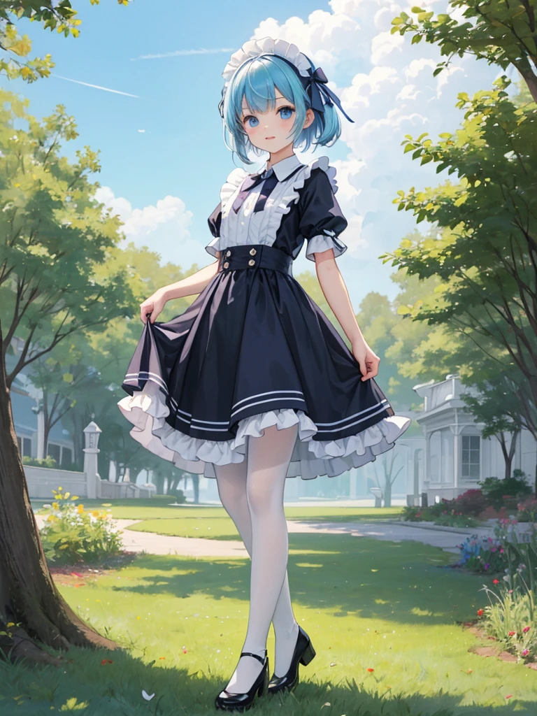 (tmasterpiece:2.0,best qualtiy),(Fine beautiful eyes:2.0),ph_rem,Remhd,1girll,Blue hair,solo,eBlue eyes,x hair accessories,legs ornaments,Bow knot,Long thick socks,lacepantyhose,ta heels,Lolihoes,Rossvale Mansion maid uniform,full bodyesbian,Two hands,two legs,Photo art,maidennurse,Skysky,rays of sunshine,the trees,wave,