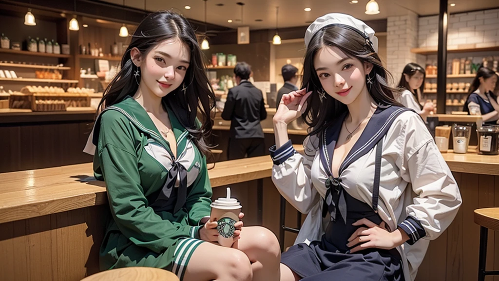 8K、RAW Photos、Highest quality、Super detailed、Super Resolution、Ultra HD、8K壁紙、Amazing details
(((Inside the Starbucks store)))、((((16 year old high school girl in sailor suit))))、Eat cake、Drink coffee、smile、Heart Necklace(((Emphasize cleavage)))
(Full body photo)