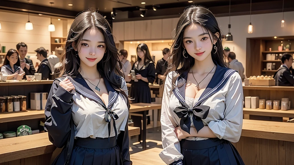 8K、RAW Photos、Highest quality、Super detailed、Super Resolution、Ultra HD、8K壁紙、Amazing details
(((Inside the Starbucks store)))、((((16 year old high school girl in sailor suit))))、Eat cake、Drink coffee、smile、Heart Necklace(((Emphasize cleavage)))
(Full body photo)