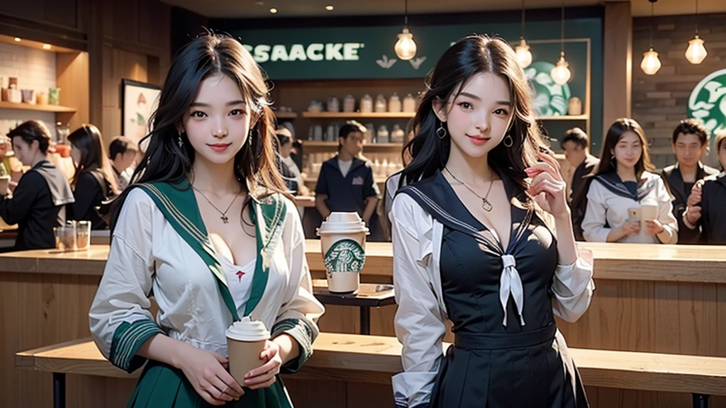 8K、RAW Photos、Highest quality、Super detailed、Super Resolution、Ultra HD、8K壁紙、Amazing details
(((Inside the Starbucks store)))、(((( high school girl in sailor suit))))、Eat cake、Drink coffee、smile、Heart Necklace(((Emphasize cleavage)))
(Full body photo)
