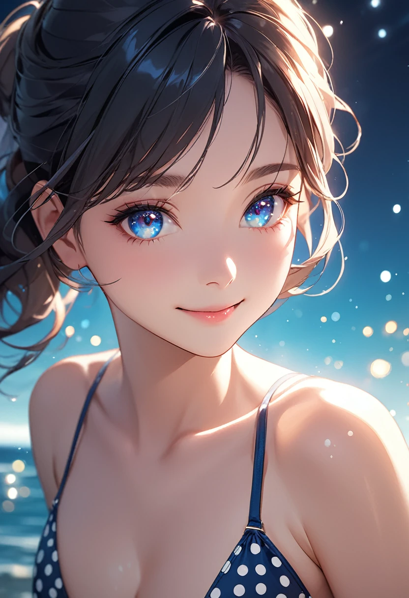 (masterpiece:1.5),(Beat quality),(high res),1girl solo,beautiful face,smile(shining eyes),light effects,polka dot bikini women,blue sea