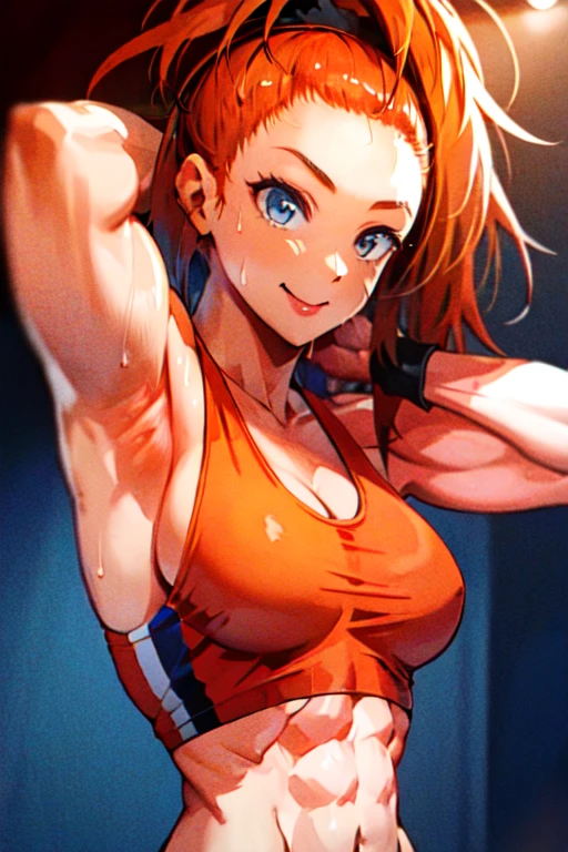 (masterpiece:1.2), (best quality:1.2), (extremely detailed:1.2), (photorealistic:1.1), (extremely detailed face), (ultra detailed), ((1girl)), smile, upper body, tank top, blue bracelet, orange hair,bun hair,captain_mizuki, simple background, arm behind head,armpits wet,muscle