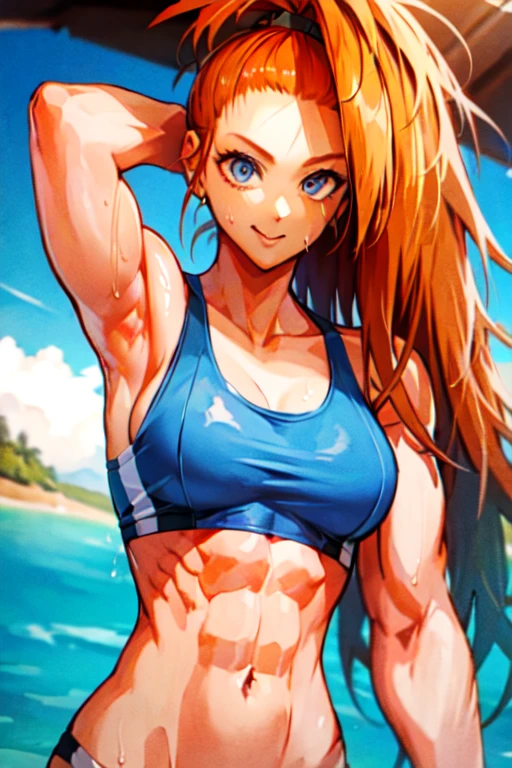 (masterpiece:1.2), (best quality:1.2), (extremely detailed:1.2), (photorealistic:1.1), (extremely detailed face), (ultra detailed), ((1girl)), smile, upper body, tank top, blue bracelet, orange hair,bun hair,captain_mizuki, simple background, arm behind head,armpits wet,muscle