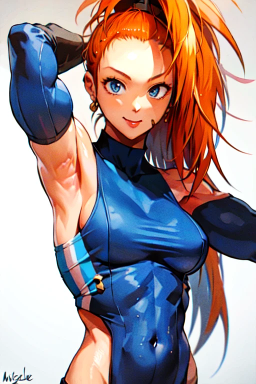 (masterpiece:1.2), (best quality:1.2), (extremely detailed:1.2), (photorealistic:1.1), (extremely detailed face), (ultra detailed), ((1girl)), smile, upper body, tank top, blue bracelet, orange hair,bun hair,captain_mizuki, simple background, arm behind head,armpits wet,muscle