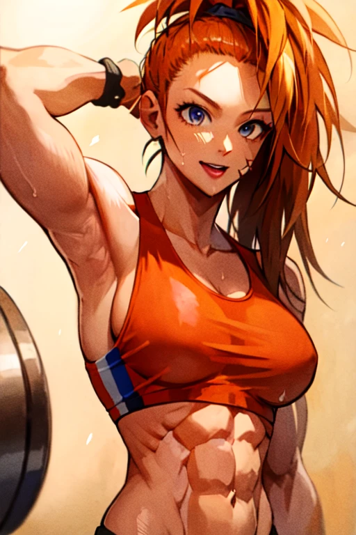 (masterpiece:1.2), (best quality:1.2), (extremely detailed:1.2), (photorealistic:1.1), (extremely detailed face), (ultra detailed), ((1girl)), smile, upper body, tank top, blue bracelet, orange hair,bun hair,captain_mizuki, simple background, arm behind head,armpits wet,muscle