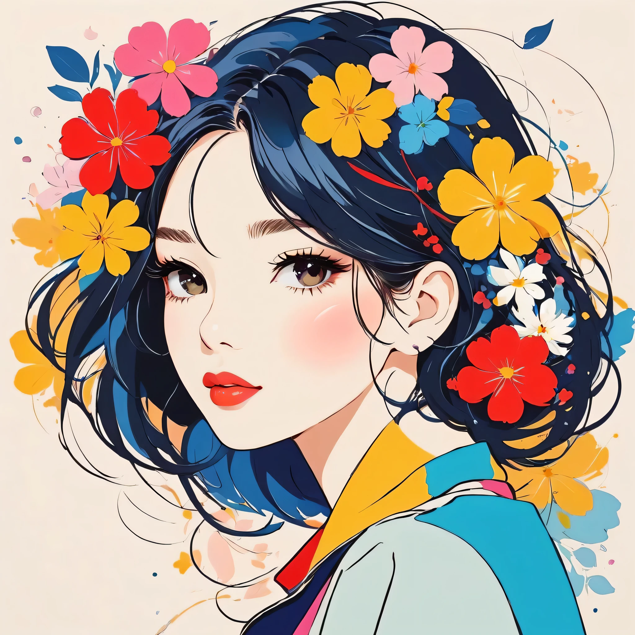 Mika Pikazo style, Simple Line Initialism，Abstract art，Urban Background, colorful flowers ,(((The most beautiful girl of all time))), Sweet face., Lips in love