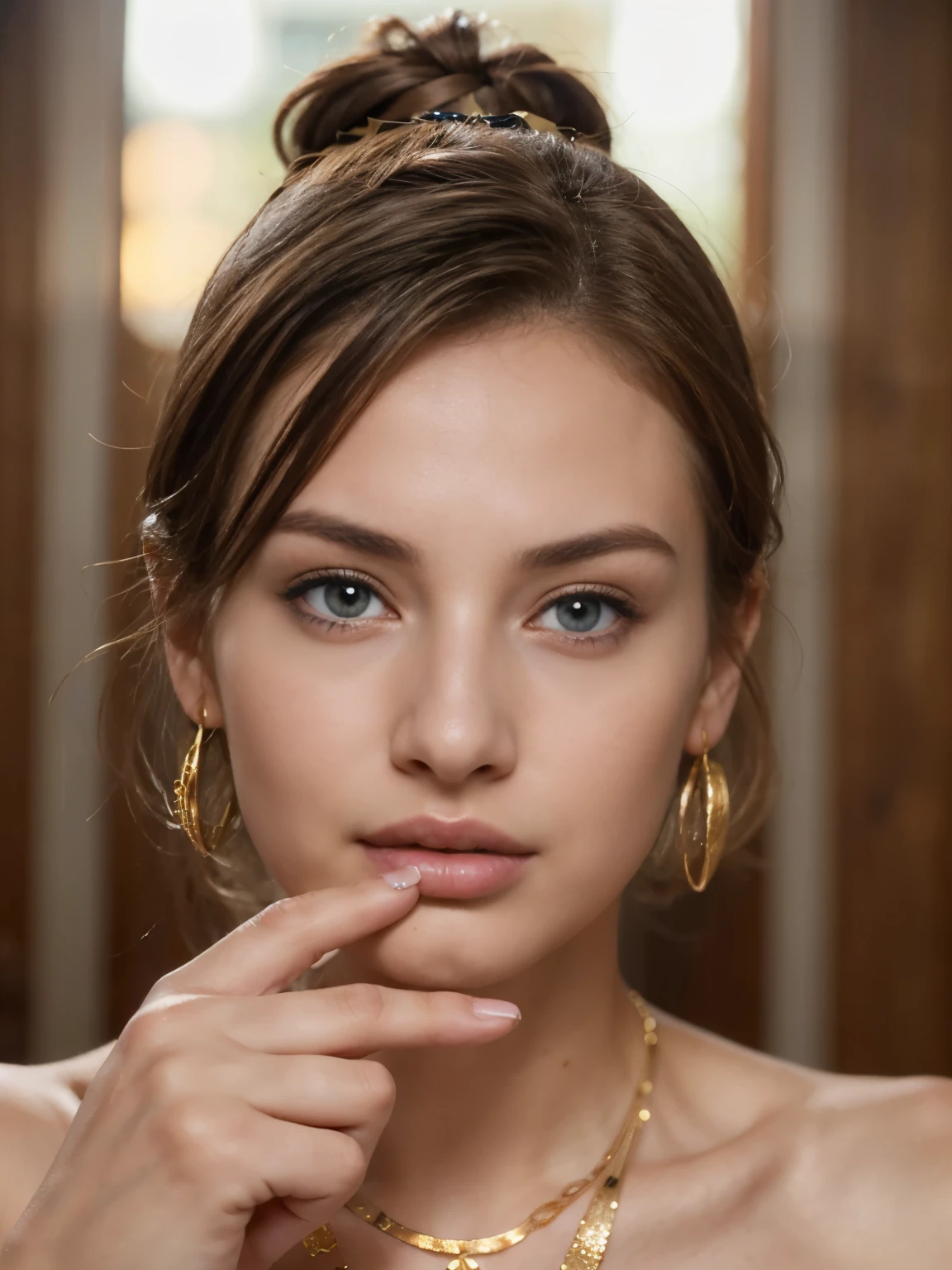 Close up shot , looking at viewer, Naked, English girl, 18 age old, (light brown hair,  side bun, wince, wince,  half-closed  Blue eyes, beautiful lip,  serious), gold crescent earrings, gold neckless, (big breasts, slender whist, wide hip, real public hair, corrected pussy and anal) ,  textured skin , HI detailed skin, (foreshortening, Canon, UHD, anatomically correct,  super detail, high details, highness, 4 fingers and 1 thumb, perfect fingers and pink nails