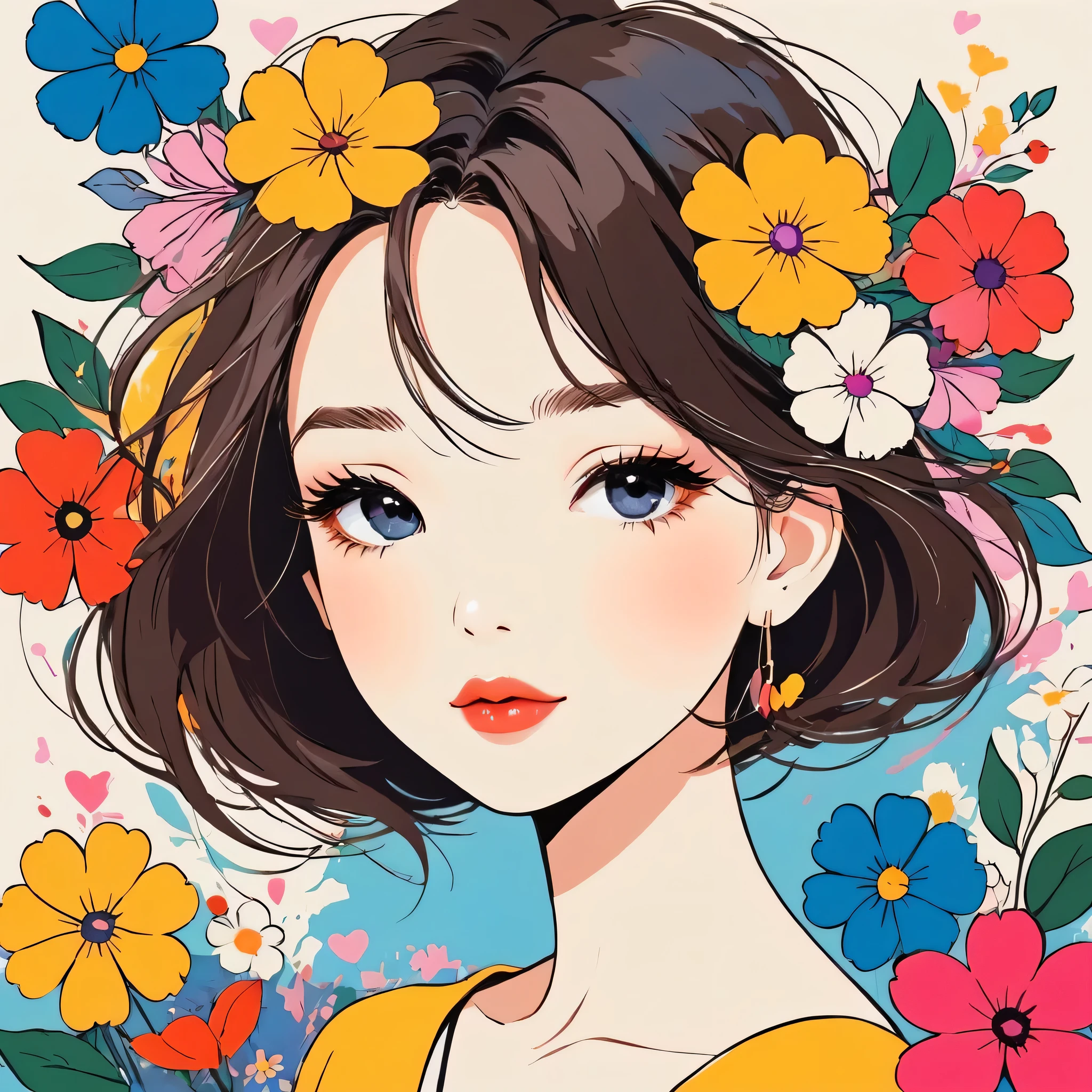 Mika Pikazo style, Simple Line Initialism，Abstract art，Urban Background, colorful flowers ,(((The most beautiful girl of all time))), Sweet face., Lips in love