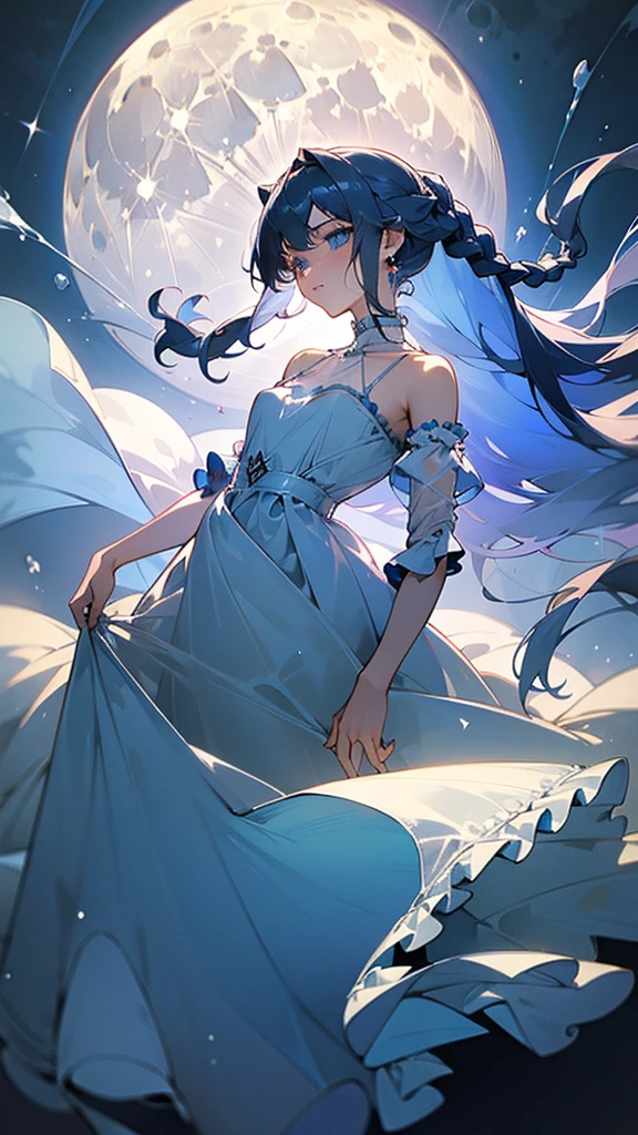 //お守りワード
(masterpiece:1.5),ultra-detailed, 8K, High resolution, best quality, depth of field, 
(parfect anatomy:1.2), 
//お守りワード
(1girl), (solo), (dramatic angle),(dramatic pose), looking at viewer, (cowboy shot),extream beautiful and delicate girl, 
(16years_old girl), elegant pose, blush,(gradation colored hair silver:1.4 pale blue:0.6), (extreme long hair), (floating hair), bang, french braid,
(blue eyes), fine detailed eyes, 
(small bast), parted lips, makeup,
dress, (jewelry earrings), (frills), (Vintage dress), (beautiful dress), frilled dress, 
(halterneck dress:1.4), (white dress), (skirt slit), (sheer fashion:1.5), (see-through:1.5), (bare feet), (no_lingeries), break,(beautiful art),(fantastical art:1.3), (blue monochrome color:1.4), (soft water color:1.4),(full moon:1.5), Expressionless, 
absolutely resolution, photorealistic,(fantastical scenery), 
(pure color scene), (best shadow:1.3), (natural shadow),(natural light), (Prismatic light),(beautiful light:1.3), (soft light),(soft  reflection), (prism reflections),