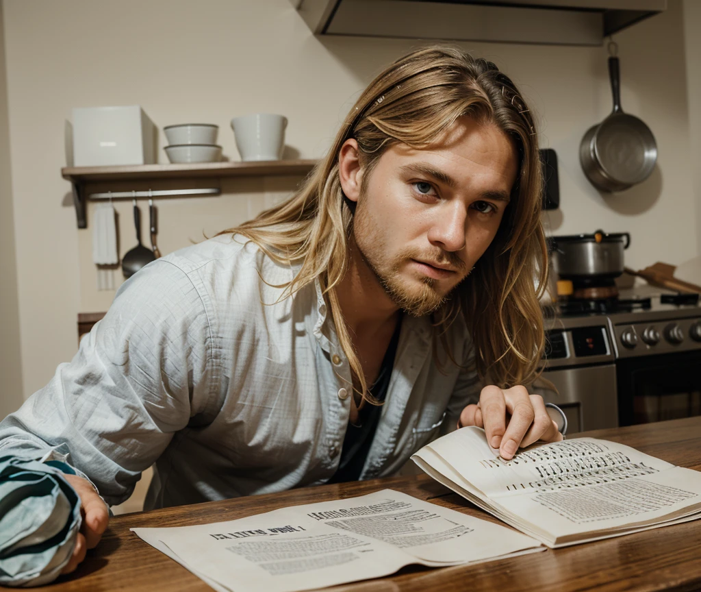 Artwork, photographic art, photorealistic, Precise focus, bright details, Man, striking face, wavy blonde hair, short beard, European guy, rapper, writing his lyrics, kitchen, kitchen table, kitchen chair, beer glass, pad and pen, crumpled paper
