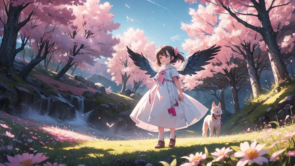 small girl with wings with a white big dog on top of a mountain filled with fireflies and pink trees