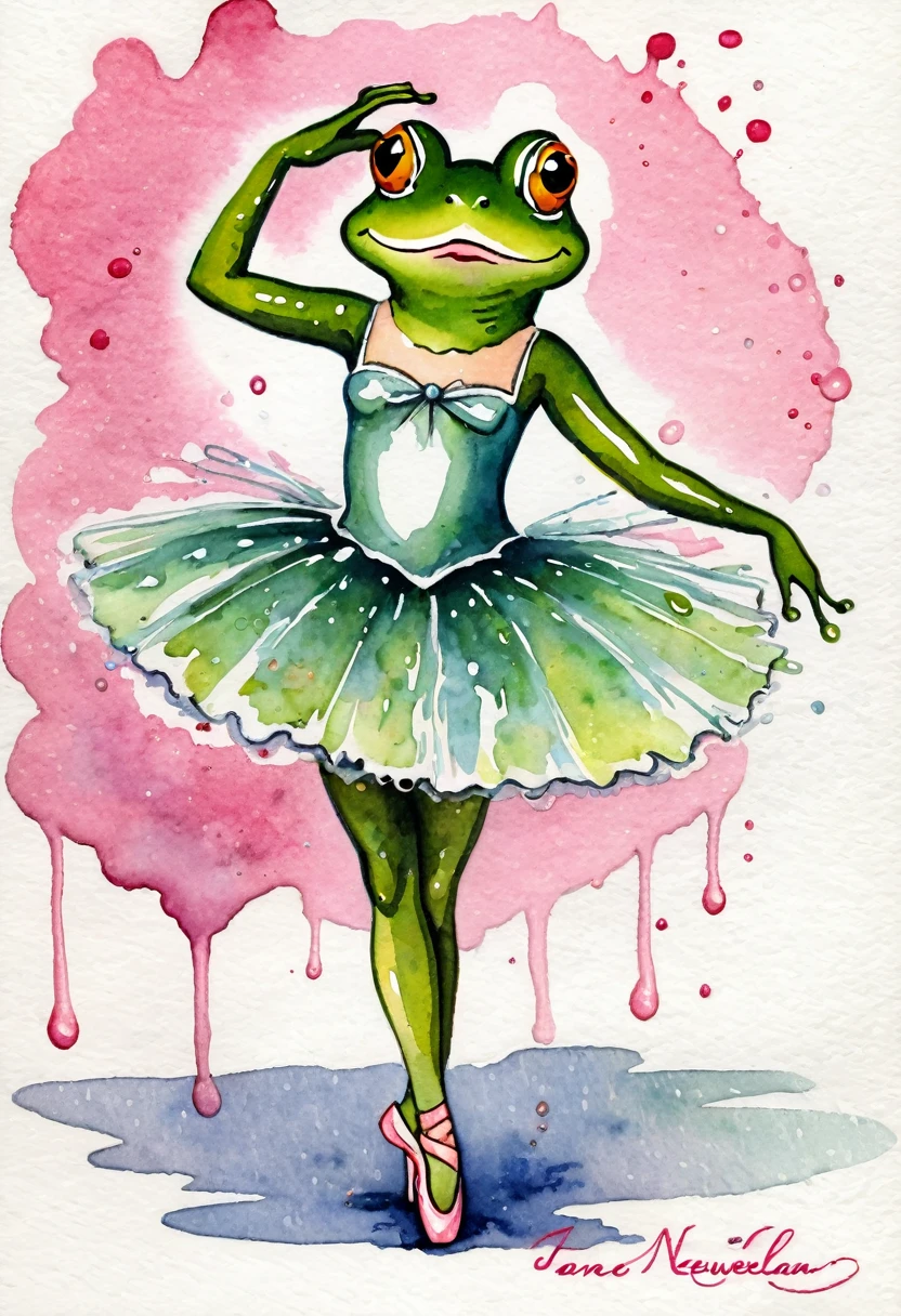 By Jane Newlan, Acting painting, watecolor wet style, alcoholic ink splashes, A frog dressed as a ballerina
Old vintage card