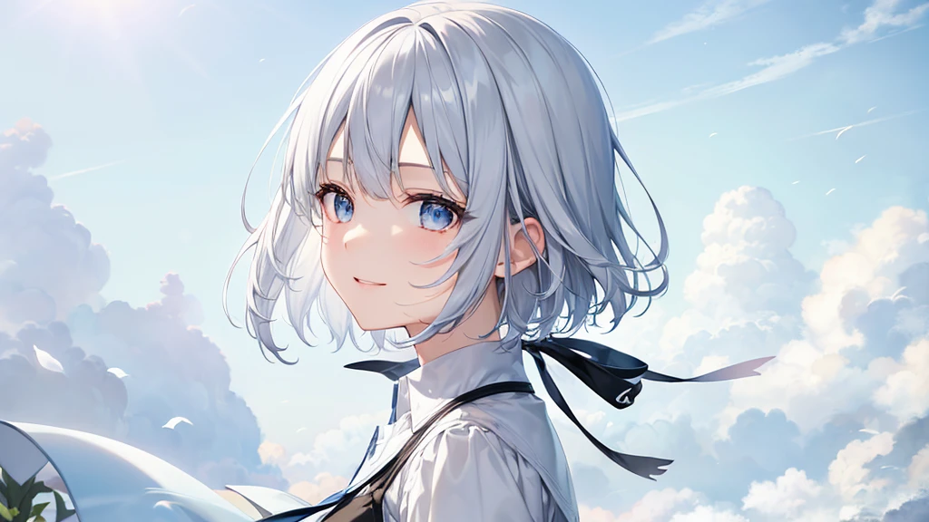 Ultra HD,Look at the viewers, Put your hands behind your back, With a girl, 20-year-old, 非常にShort Hair, Long bangs between the eyes, Pale blue eyes, Very detailed,(masterpiece、Highest quality),Gray Hair、Laughter、Fantastic, Silver Hair, Iris, Short hair、 Fluttering Hair、Small Face、明るいsmile、(Detailed face) ,Professional Lighting,Wonderful landscape,blue sky, sunlight,Looking down from above,Portraiture、Open your mouth、Flower Field、Her eyes were shining、Mysterious and enchanting atmosphere。With AI Painting、とてもShort Hair, Long bangs between the eyes, Very detailed,(masterpiece、Highest quality)、alone、Gray Hair、Fantasy, Silver Hair, Fantasyな風景、White shirt、smile、Open your mouth、short hair、Short Hair、hairpin、black eye、Grey Eyes、Beautiful Eyes、