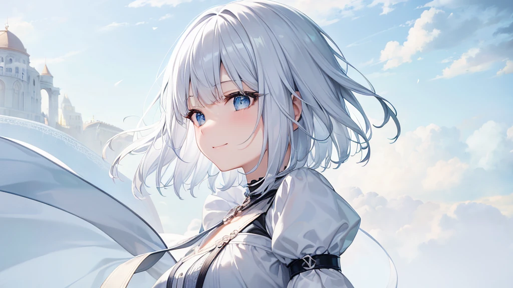 Ultra HD,Look at the viewers, Put your hands behind your back, With a girl, 20-year-old, 非常にShort Hair, Long bangs between the eyes, Pale blue eyes,  Very detailed,(masterpiece、Highest quality),Gray Hair、Laughter、Fantastic, Silver Hair, Iris,  Short hair、 Fluttering Hair、Small Face、明るいsmile、(Detailed face) ,Professional Lighting,Wonderful landscape,blue sky, sunlight,Looking down from above,Portraiture、Open your mouth、Flower Field、Her eyes were shining、Mysterious and enchanting atmosphere。With AI Painting、とてもShort Hair, Long bangs between the eyes, Very detailed,(masterpiece、Highest quality)、alone、Gray Hair、Fantasy, Silver Hair, Fantasyな風景、White shirt、smile、Open your mouth、short hair、Short Hair、hairpin、black eye、Grey Eyes、Beautiful Eyes、