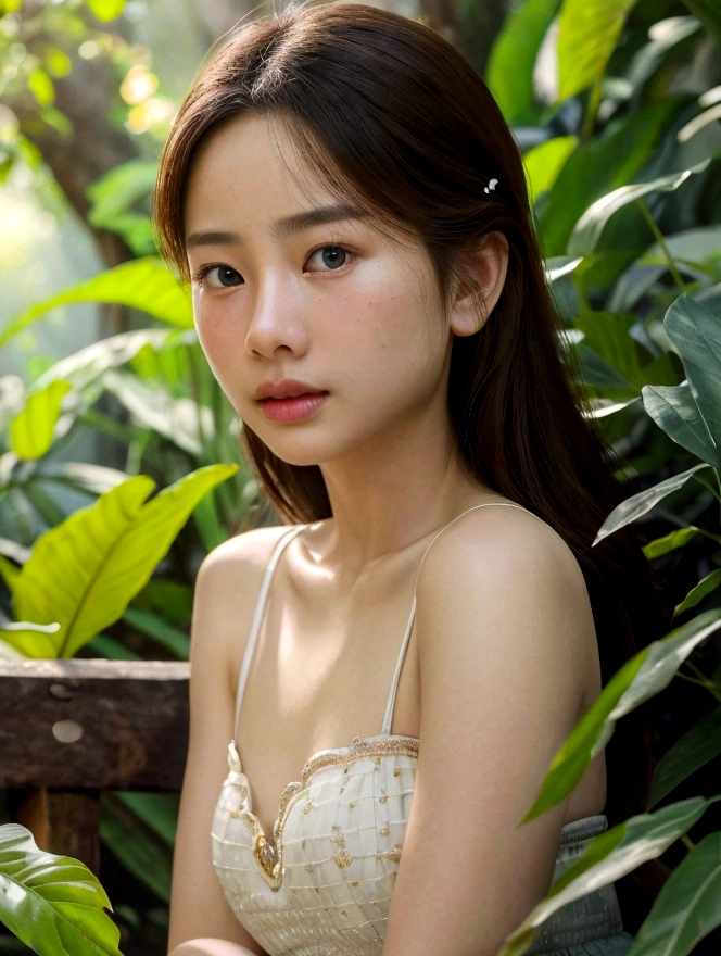 1girl, cinematic lighting, beautiful detailed eyes, beautiful detailed lips, extremely detailed intricate face, delicate features, glowing skin, chiang mai background, serene expression, elegant pose, detailed flower garden, lush foliage, sunlight filtering through trees, warm color tones, photorealistic, (best quality,4k,8k,highres,masterpiece:1.2),ultra-detailed,(realistic,photorealistic,photo-realistic:1.37),vibrant colors,soft focus,dramatic lighting , full body