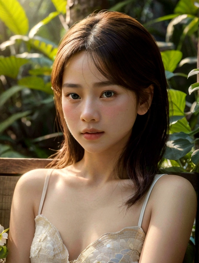 1girl, cinematic lighting, beautiful detailed eyes, beautiful detailed lips, extremely detailed intricate face, delicate features, glowing skin, chiang mai background, serene expression, elegant pose, detailed flower garden, lush foliage, sunlight filtering through trees, warm color tones, photorealistic, (best quality,4k,8k,highres,masterpiece:1.2),ultra-detailed,(realistic,photorealistic,photo-realistic:1.37),vibrant colors,soft focus,dramatic lighting , full body