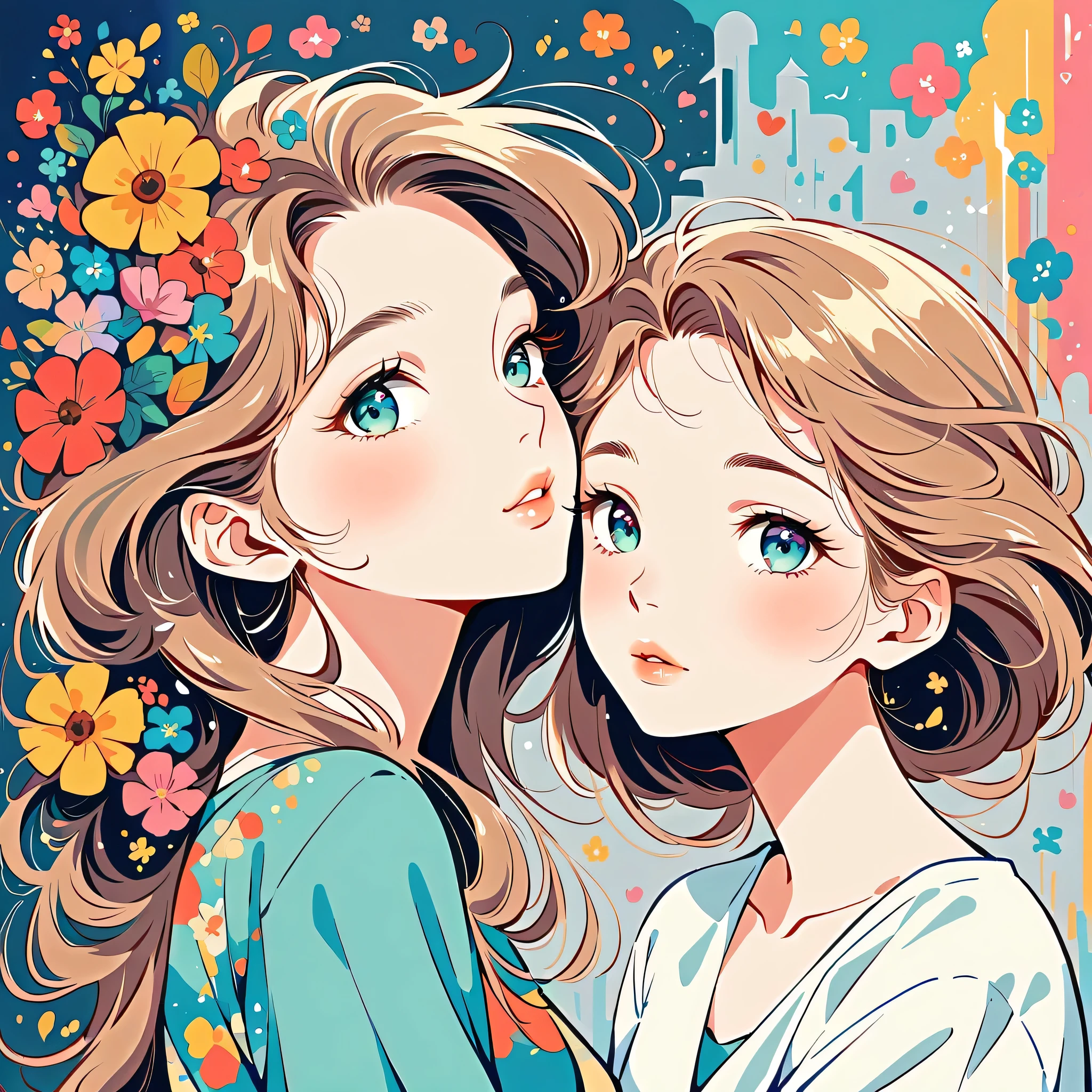 Takashi Murakami style、The most beautiful girl of all time、Lips in Love、Colorful flowers、Simple line initials、Abstract art、Urban Background, Lips in Love, Love and Hopes