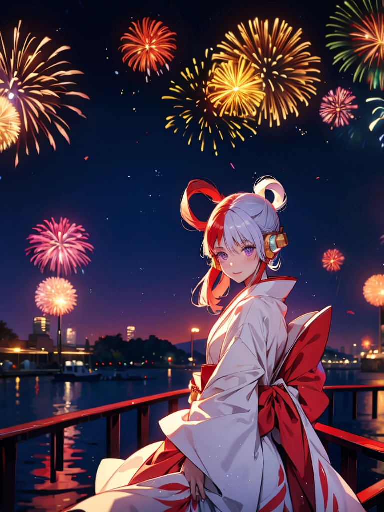 Uta, kimono night in firework , red white haired, purple eyes