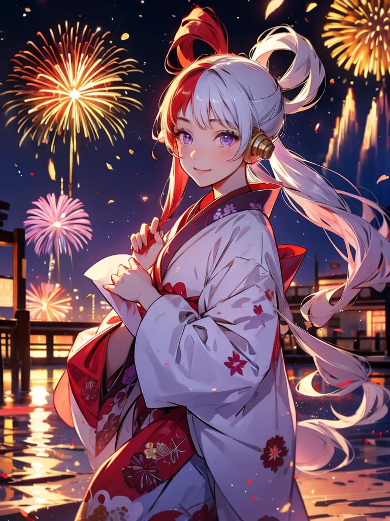 Uta, kimono night in  firework , red white haired, purple eyes