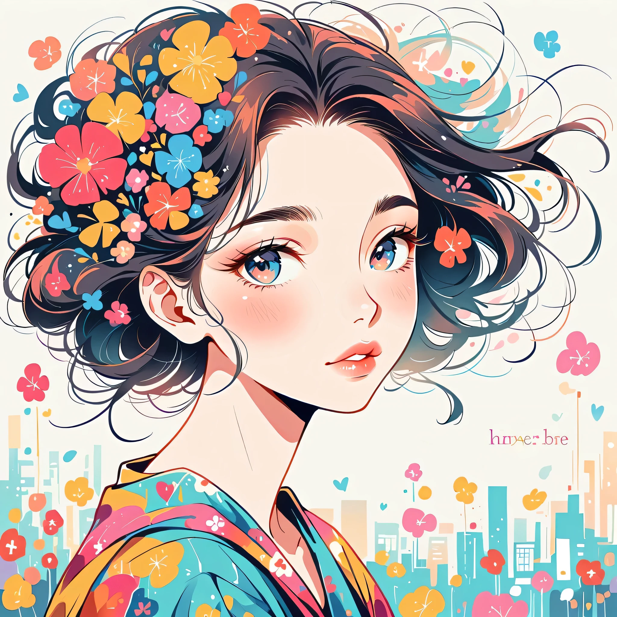 Takashi Murakami style、The most beautiful girl of all time、Lips in Love、Colorful flowers、Simple line initials、Abstract art、Urban Background, Lips in Love, Love and Hopes