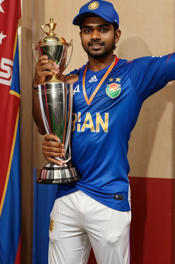 A boy named Dharmesh, jersey number 45, is holding the T20 World Cup trophy in his hand 