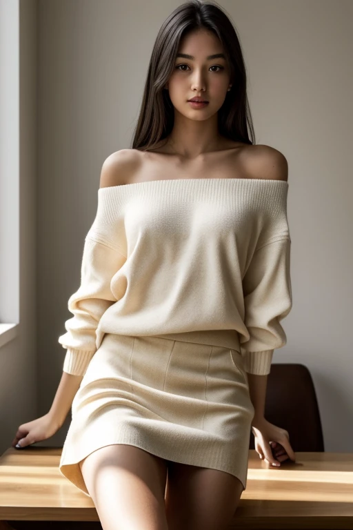1 girl in, edad19, Alone, wide, colossal , sitting at the table drinking coffee, by rubio, bare shoulders, whole body, (Extremely detailed 8K wallpaper), soft lighting, high quality, film grain, Fujifilm XT3 Sharp Focus, f 5.6, 50mm, high detail, sharp focus,(natural light), (seductive), comfortable transparent sweater, realist, a sexy, up skirt nude