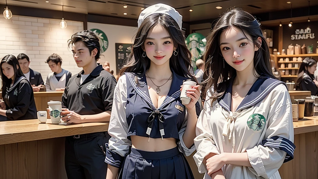 8K、RAW Photos、Highest quality、Super detailed、Super Resolution、Ultra HD、8K壁紙、Amazing details
(((Inside the Starbucks store)))、((((16 year old high school girl in sailor suit))))、Eat cake、Drink coffee、smile、Heart Necklace(((Emphasize cleavage)))
(Full body photo)